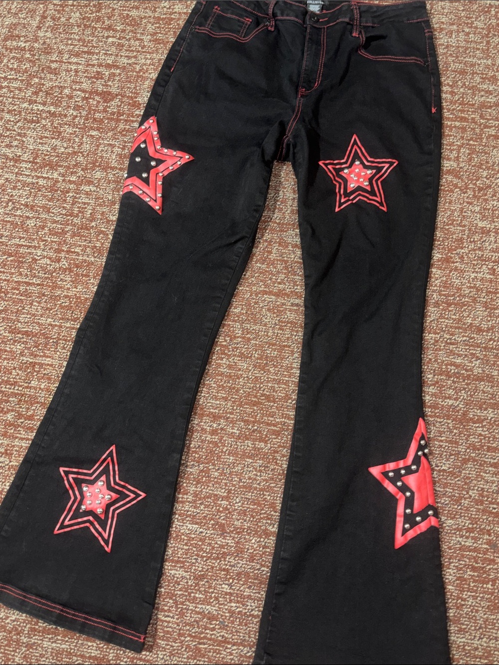 Social collusion flare leg denim stretch studded star print punk jeans size 13